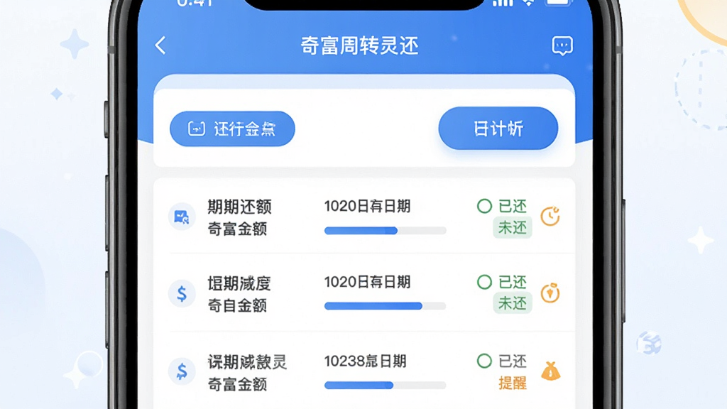奇富周转灵还款管理页面预览图,画面主体为手机屏幕,屏幕中显示奇富周转灵的还款计划列表,包含每期还款金额、还款日期、已还/未还状态标识,布局为列表式排列,风格为清新浅色金融风,细节包括还款按钮、进度条、提醒图标,画质高清,画面干净,无多余元素
