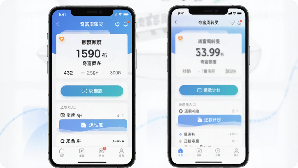 奇富周转灵手机应用界面展示图,画面主体是一部竖屏智能手机,屏幕内显示奇富周转灵APP首页,包含额度展示区、借款按钮、还款计划入口等功能模块,布局清晰有序,排版简洁现代,风格为清爽的金融科技风,细节包括顶部状态栏、底部导航栏、卡片式信息模块,画质高清,画面干净,无多余元素