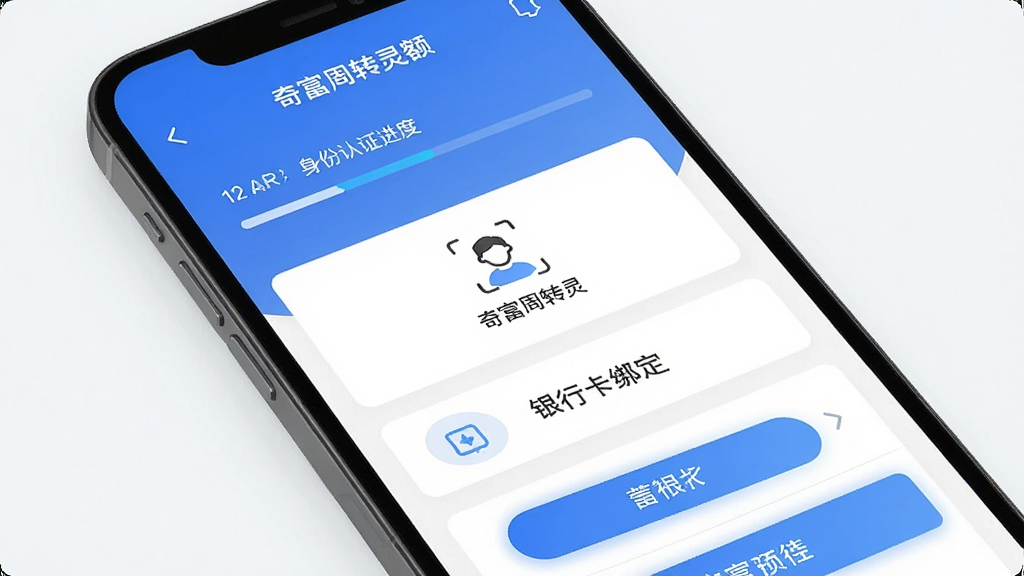 奇富周转灵额度申请界面预览图,画面主体为手机屏幕特写,屏幕中显示奇富周转灵的额度申请页面,包含身份认证进度条、人脸识别图标、银行卡绑定入口等元素,布局为纵向卡片式排列,风格为简约金融科技风,细节包括按钮高亮状态、进度提示文字,画质清晰,画面干净,无多余元素