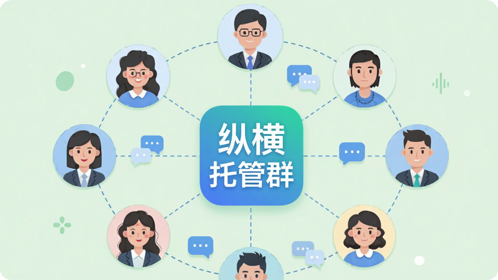 一幅扁平化插画,画面中央是“纵横托管群”应用图标,周围环绕多位老师与家长头像,通过虚线连接形成沟通网络;布局为圆形放射状构图,背景为柔和的浅绿色;风格为现代科技插画风;细节上头像表情友善、连接线带有小气泡图标;画质清晰、干净、无多余元素