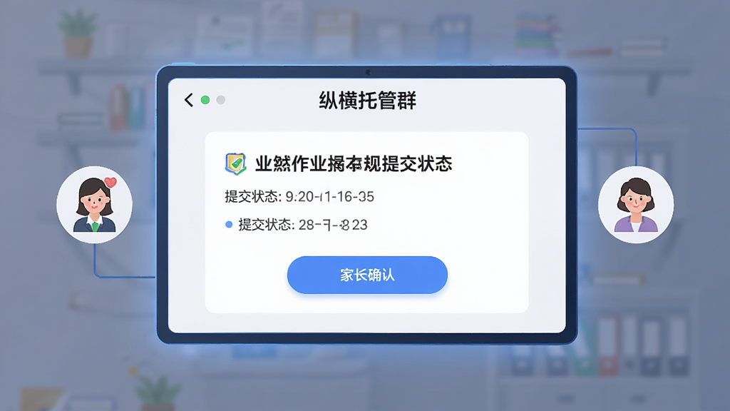 画面主体是一块悬浮的电子屏幕,屏幕内展示“纵横托管群”的作业通知页面,包含作业标题、提交状态与家长确认按钮;布局为屏幕居中,左右两侧分别有老师与家长的小图标;风格为简约商务插画风;细节上屏幕有轻微发光效果、按钮为蓝色圆角;画质高清、干净、无多余元素