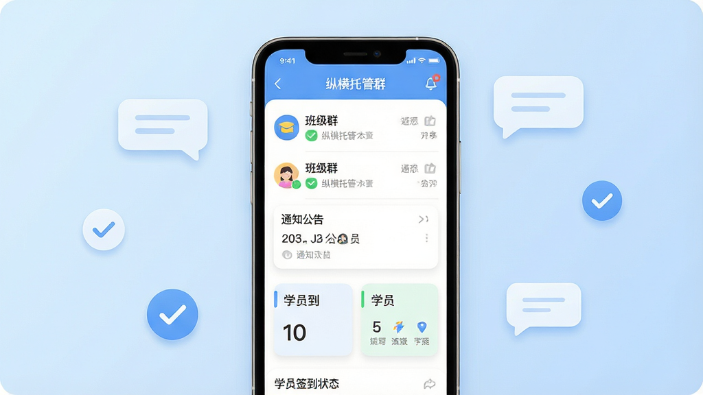 画面主体是一部智能手机,屏幕显示“纵横托管群”应用主界面,界面中包含班级群聊列表、通知公告栏、学员签到状态卡片;布局为手机居中展示,背景为浅蓝色渐变,周围散落简约的聊天气泡与对勾图标;排版干净整齐,风格为现代扁平化UI展示风格;细节上屏幕内文字清晰、图标圆润、阴影柔和;画质高清、干净、无多余元素