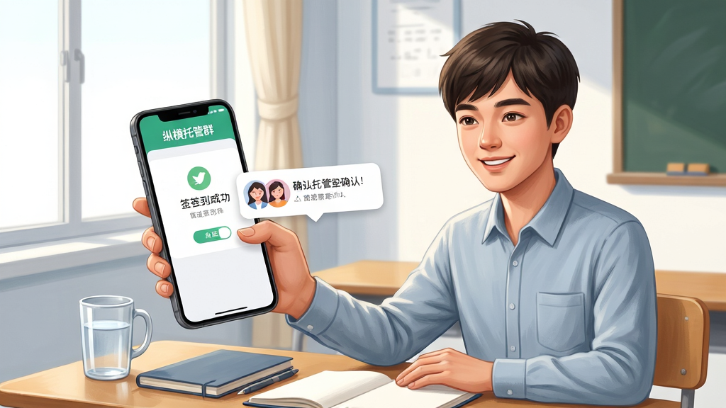 画面主体是一位年轻老师坐在书桌前使用手机操作“纵横托管群”,手机屏幕显示签到成功界面,旁边有家长头像弹出确认消息;布局为人物半身居中,背景为明亮教室一角;风格为写实插画风;细节上表情轻松、手机界面清晰、桌面有笔记本与水杯;画质高清、干净、无多余元素