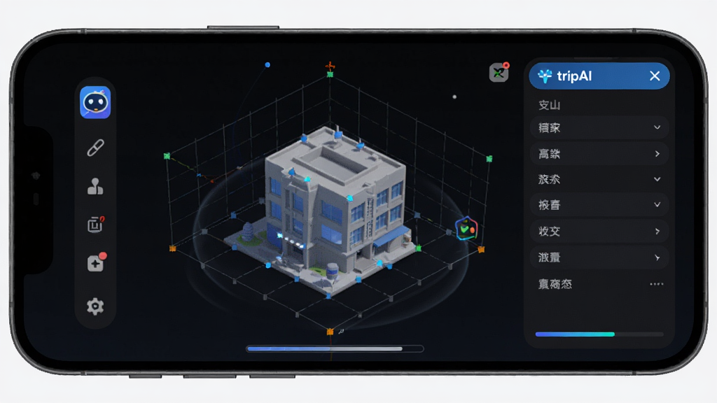 ������tripAIС������App��3D��ģ���ܽ��棬����Ϊ�ֻ���Ļ������ʾһ��������ת��3D����ģ�ͣ��Ű�Ϊ��๤�������Ҳ������壬���Ϊ��ɫ�Ƽ��磬ϸ�ڰ��������ߡ������ǡ���Ⱦ�����������ʸ��壬�ɾ����޶���Ԫ��