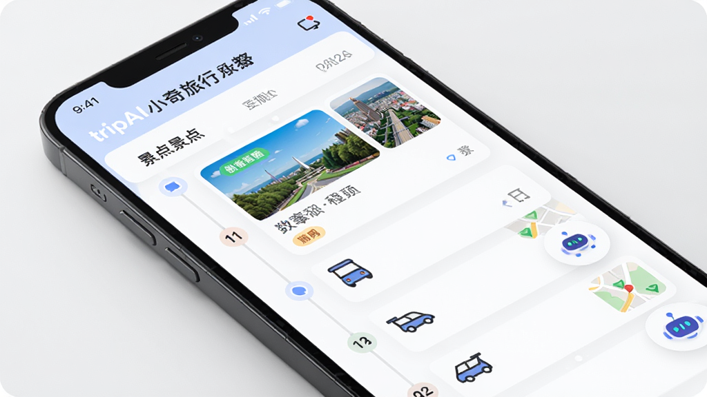 ������tripAIС������App��AI�г̹滮���棬����Ϊ�ֻ���Ļչʾʱ�����б����Ű���ϵ�������Ϊ���ڡ����㿨Ƭ����ͨͼ�꣬���Ϊ���±�ƽ��UI��ƣ�ϸ�ڰ�����ɫ��ǩ����ͼ����ͼ��AI������Сͼ�꣬���ʸ��壬�ɾ����޶���Ԫ��