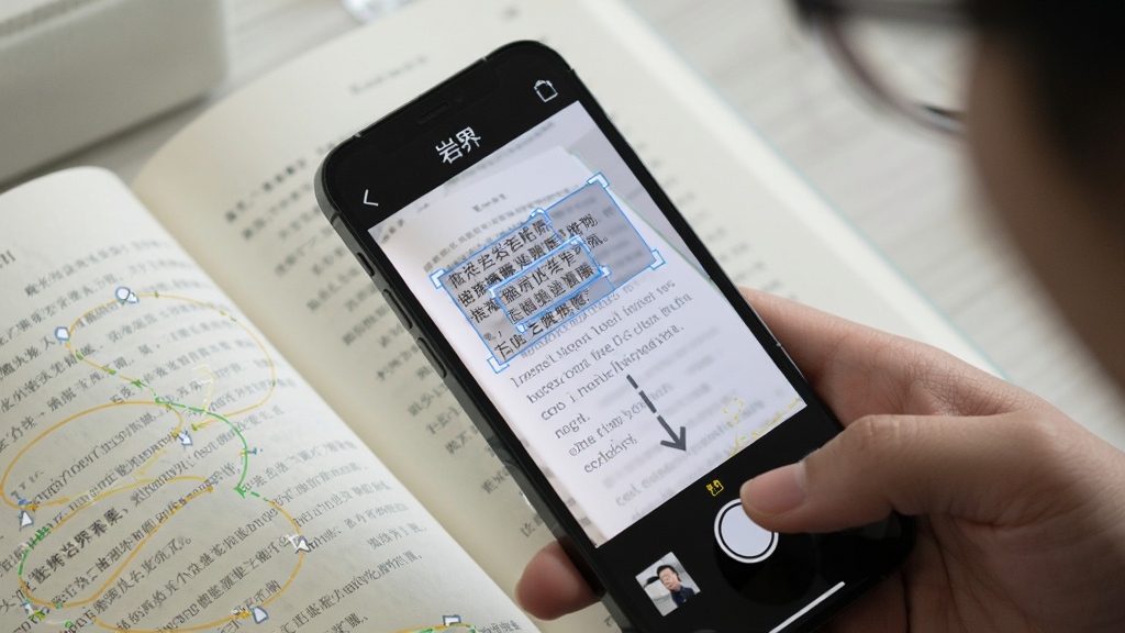 一个用户用手机对着书本拍照,手机屏幕上显示岩界软件正在识别书页上的文字,画面中有文字被框选并转换成电子文本的示意效果,主体是手机和书本,布局为对角线构图,风格为写实科技风,细节包含文字识别框和转换箭头,画质清晰干净
