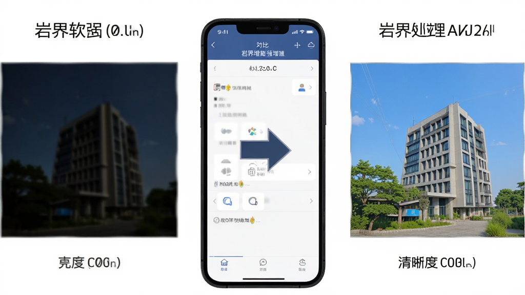 岩界软件图像增强功能对比图,左侧是暗淡模糊的照片,右侧是经过岩界处理后的明亮清晰照片,中间有箭头连接,主体是两张对比照片和手机界面,布局为左右对比,风格为简洁直观风,细节包含亮度对比和清晰度变化,画质干净无多余元素