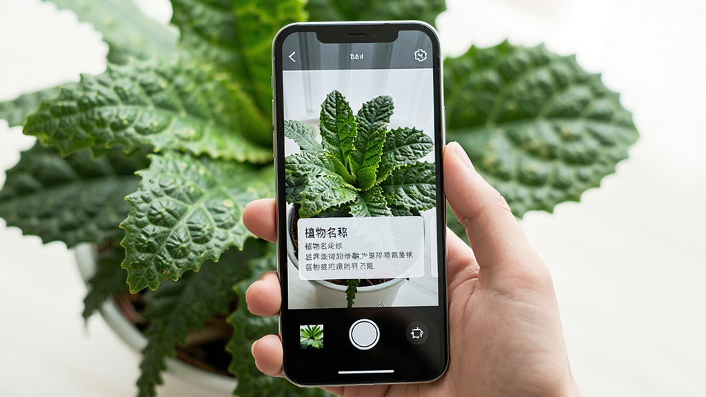 岩界软件物体识别功能展示图,画面中一只手拿着手机拍摄一盆绿色植物,手机屏幕上显示识别结果为植物名称和简介卡片,主体为手机和植物,布局为居中特写,风格为清新自然风,细节包含植物纹理和界面卡片,画质干净明亮