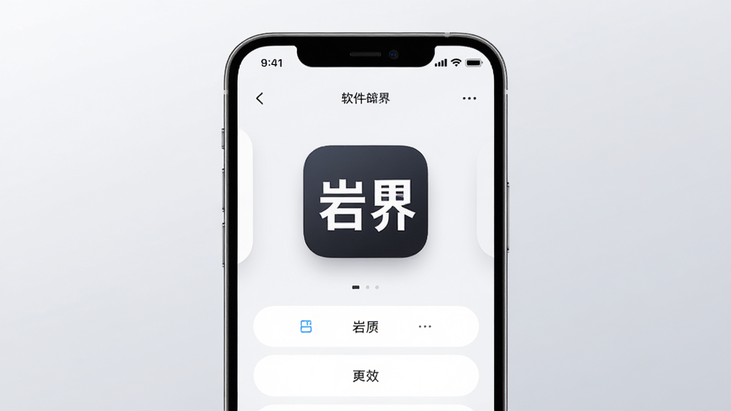 软件岩界主界面展示图,画面中央是手机屏幕,屏幕上显示岩界的应用图标和简洁的操作界面,背景是淡灰色渐变,主体突出,布局居中,风格为科技简约风,细节清晰,画质干净无多余元素