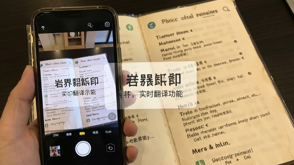 岩界软件实时翻译功能示意图,画面中手机相机对准一份英文菜单,屏幕上显示中文翻译叠加层,主体是手机和菜单,布局为第一人称视角,风格为旅行实用风,细节包含翻译文字和菜单纹理,画质清晰干净