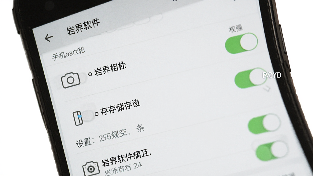 岩界软件在安卓手机上的权限设置界面示意图,画面显示手机设置页面中岩界的相机和存储权限开关,主体是手机屏幕和权限列表,布局为竖向排列,风格为实用教程风,细节包含权限开关和文字说明,画质清晰干净