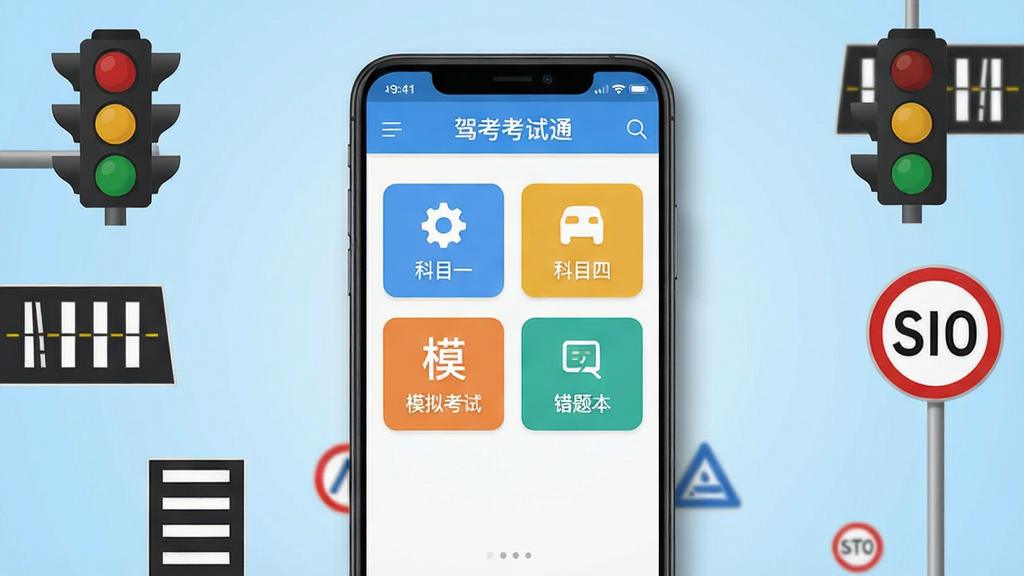 一张展示驾考考试通软件界面的手机样机图,画面中央是一部竖屏安卓手机,屏幕内显示驾考考试通APP的首页,包含科目一、科目四、模拟考试、错题本等入口按钮,背景为浅蓝色渐变,周围点缀交通标志元素如红绿灯、斑马线、限速牌,布局居中对称,风格简洁清爽,细节上手机边框有轻微阴影,屏幕内容清晰可见,画质高清干净,无多余元素