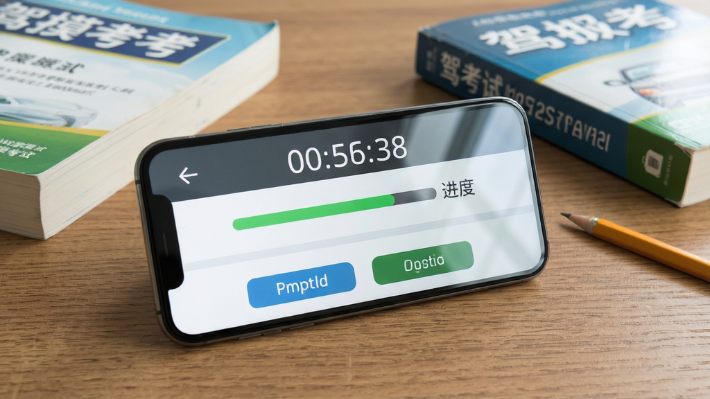 驾考考试通模拟考试界面展示图,画面中一部手机横屏放置在桌面上,屏幕显示模拟考试答题页面,上方有倒计时和进度条,下方是选项按钮,旁边散落着驾考教材和铅笔,背景为书桌场景,风格写实清新,细节包括屏幕反光和桌面木纹,画质清晰干净,无多余元素