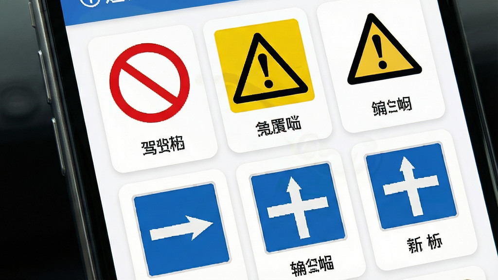 驾考考试通交通标志学习页面图,画面中手机屏幕展示交通标志图解界面,包含红圈禁令标志、黄底警告标志、蓝底指示标志的缩略图网格,每个标志下方有文字说明,背景为白色卡片式布局,风格扁平化设计,细节上标志颜色鲜艳清晰,画质高清干净,无多余元素