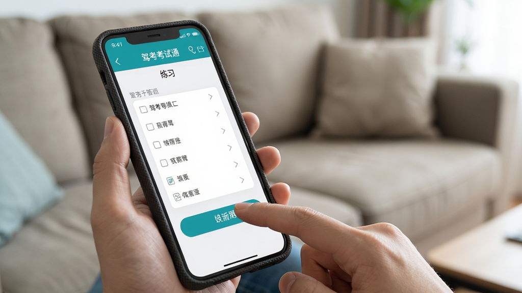 驾考考试通手机端操作示意图,画面中一只手拿着手机,屏幕显示驾考考试通练习答题界面,手指正点击选项按钮,背景为室内沙发场景,风格生活化写实,细节包括手机壳纹理和手指动作,画质清晰干净,无多余元素