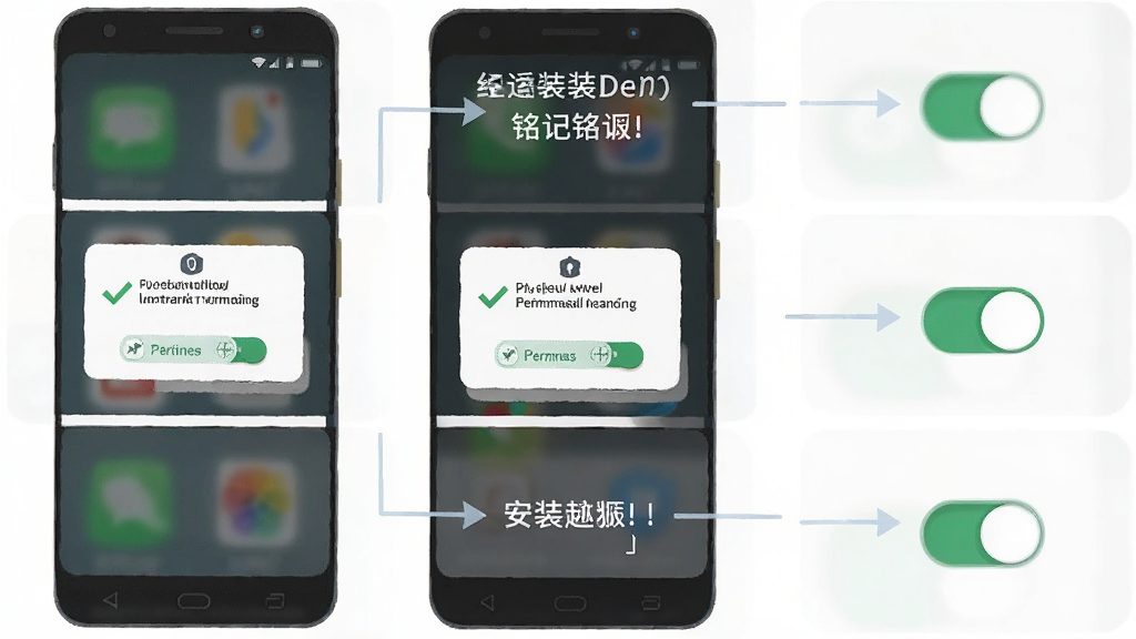 铭记英语安卓手机安装步骤示意图,主体为手机屏幕显示安装权限弹窗,布局为竖向排列的三个操作步骤,排版简洁明了,风格为扁平化教程插画风,细节包含绿色对勾与权限开关图标,画质高清,干净,无多余元素