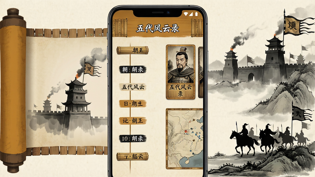 一幅展现五代十国历史风云的手机应用场景图。画面中央是一部竖屏安卓手机,手机屏幕上显示着名为
