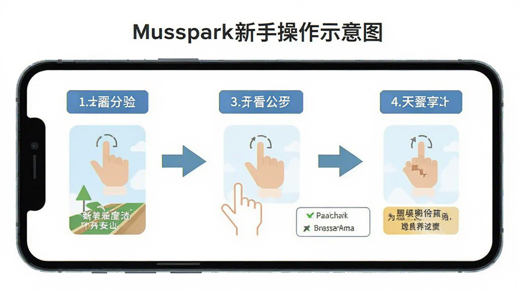 Musspark新手操作示意图,主体为手机屏幕显示新手引导步骤,布局为分步图示,排版从左到右依次排列,风格为扁平化教程风格,细节包含手势图标、箭头指引、文字说明框,画质高清,干净,无多余元素
