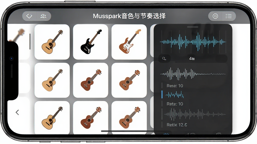 Musspark音色与节奏选择界面,主体为手机屏幕显示多种吉他音色图标与节奏列表,布局为网格状排列,排版整齐有序,风格为清新简约,细节包含木吉他、电吉他、尤克里里图标,节奏波形图,画质高清,干净,无多余元素