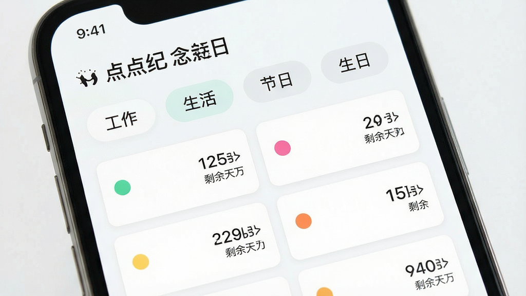 一张展示“点点纪念日”分类管理界面的图片,手机屏幕上显示着“工作”“生活”“节日”“生日”四个分类标签横向排列,下方是多个日期卡片,每个卡片左侧有彩色圆点标记,右侧显示剩余天数,界面配色清爽,布局整齐,画质清晰,风格简约现代,无多余装饰元素