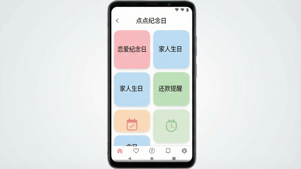 一张展示点点纪念日手机应用主界面的图片,画面中央是一部竖屏安卓手机,手机屏幕上显示着“点点纪念日”应用界面,界面中有多个彩色卡片排列,卡片上分别写着“恋爱纪念日”“家人生日”“还款提醒”等文字,卡片采用圆角设计,配色以柔和粉色、淡蓝和浅绿为主,手机下方有底部导航栏,背景为干净的浅灰色渐变,整体风格清新简约,画质清晰,无多余杂乱元素
