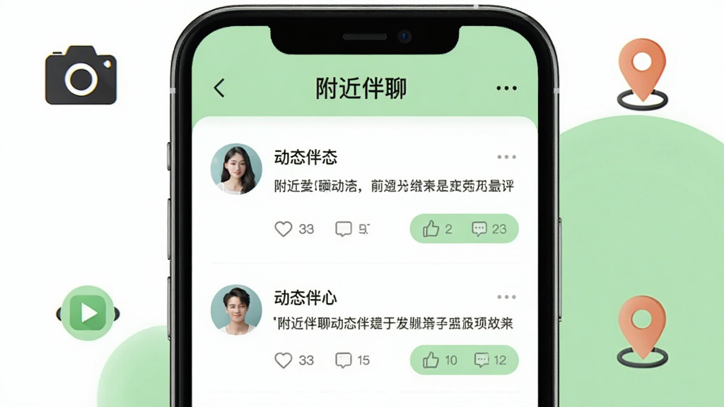附近伴聊动态广场功能界面图,画面中一部手机竖屏展示,屏幕内显示附近伴聊的动态信息流,包含用户头像、动态文字、点赞和评论按钮,界面顶部有“附近伴聊”标题栏,背景为白色和浅绿色搭配,周围有相机和定位图标装饰,整体风格清爽,排版整齐,画质高清,无多余元素。