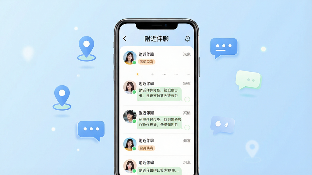 一张展示附近伴聊应用主界面的手机样机图,画面中央是一部竖屏智能手机,屏幕内显示附近伴聊APP的聊天列表界面,上方有“附近伴聊”文字标识,界面包含用户头像、距离标签和聊天预览,背景为浅蓝色渐变,周围漂浮着定位图标和对话气泡,整体风格清新现代,画质清晰,干净简洁,无多余元素。