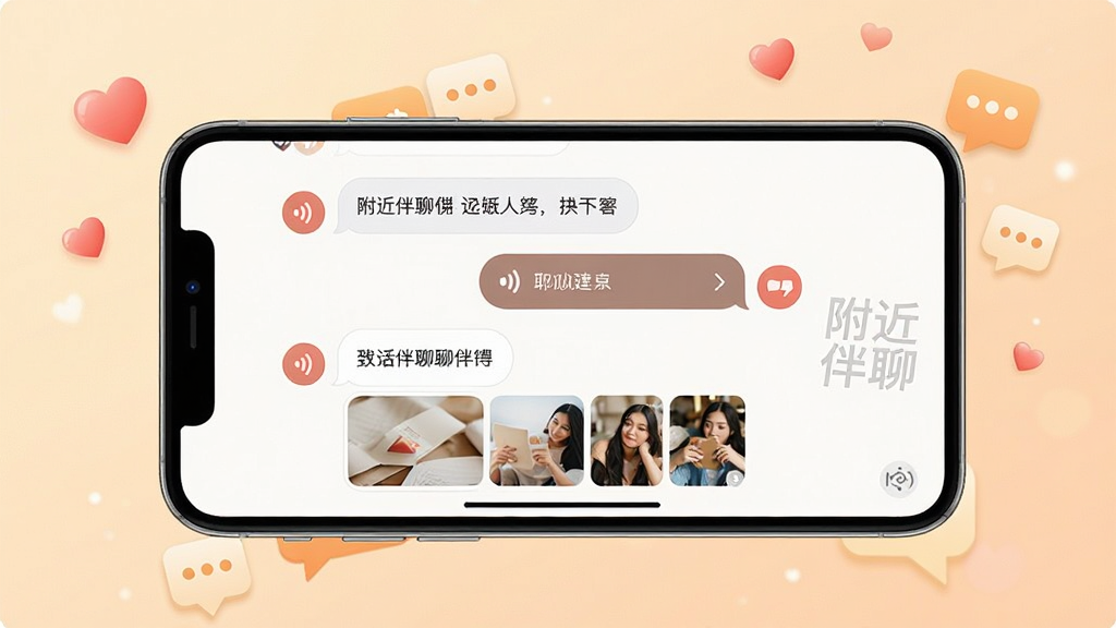 附近伴聊应用聊天界面展示图,画面中一部手机横屏放置,屏幕内显示附近伴聊的聊天对话框,包含文字气泡、语音消息条和图片缩略图,界面右侧有“附近伴聊”水印标识,背景为柔和的暖色调,周围点缀着爱心和对话图标,整体排版清晰,风格温馨,画质细腻,干净无杂乱元素。