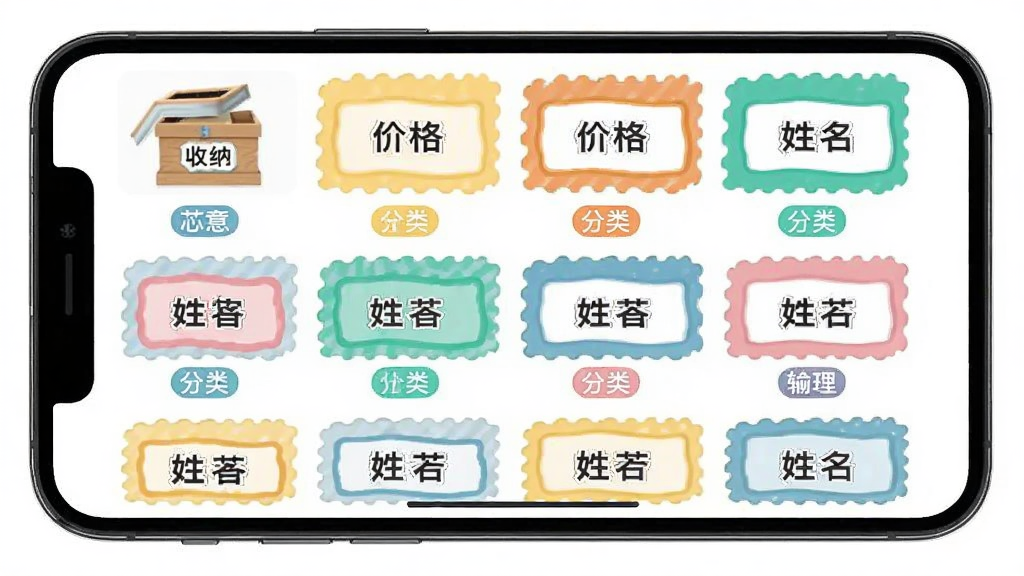 手机屏幕显示芯意贴模板库界面,网格排列多种标签样式,有收纳盒标签、价格标签、姓名贴等,界面色彩清新,布局整齐,风格为扁平化UI展示,细节包括模板缩略图和分类标签,画质清晰,干净,无多余元素