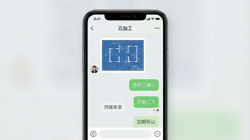 一张展示“云加工”订单沟通聊天界面的产品预览图,画面主体为手机屏幕内聊天窗口,包含图纸缩略图与文字对话气泡,背景为浅灰色,布局为居中竖屏展示,风格为现代移动社交界面风格,细节包括“图纸已确认”“交期三天”等对话文字,画质清晰,干净,无多余元素