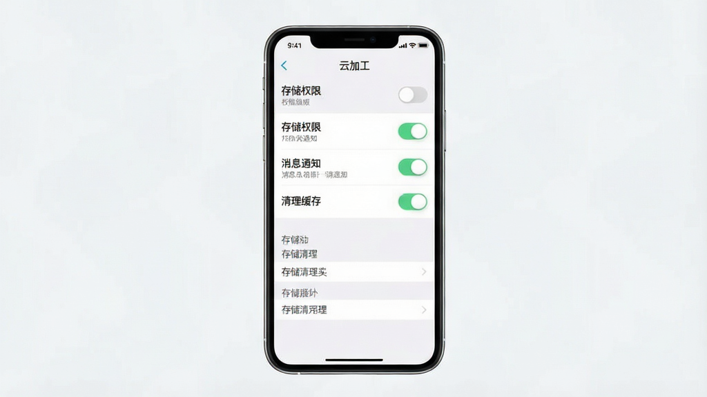 一张展示“云加工”手机App设置与权限管理界面的产品预览图,画面主体为手机屏幕内权限开关列表与存储清理选项,背景为浅色简约风格,布局为居中竖屏展示,风格为扁平化移动端设置界面,细节包括“存储权限”“消息通知”“清理缓存”等文字标签,画质清晰,干净,无多余元素