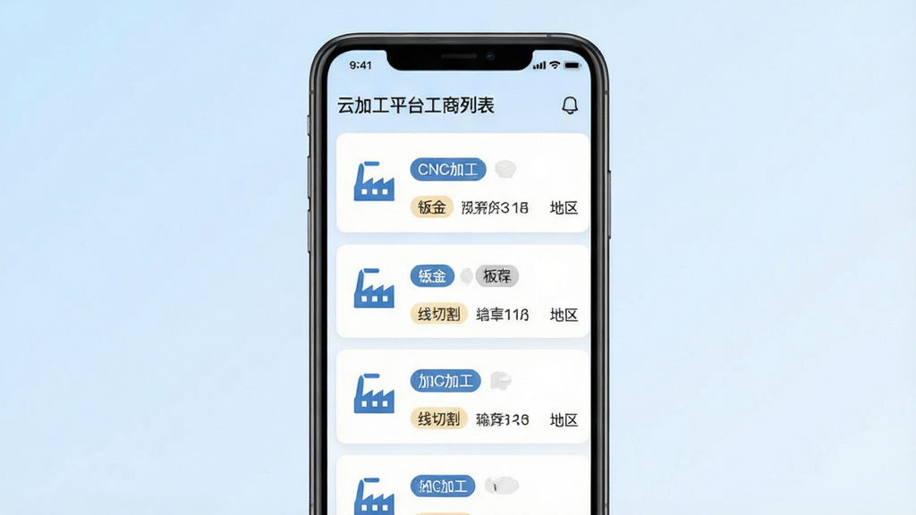一张展示“云加工”平台加工商列表界面的产品预览图,画面主体为手机屏幕内滚动的加工商卡片列表,每张卡片带有工厂图标、工艺标签与地区信息,背景为淡蓝色渐变,布局为居中竖屏展示,风格为清爽简约的移动端UI风格,细节包括“CNC加工”“钣金”“线切割”等标签文字,画质清晰,干净,无多余元素