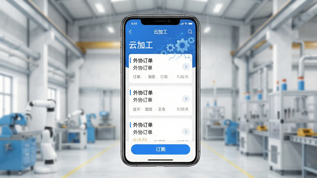 一张展示“云加工”手机App主界面的产品预览图,画面中央竖屏放置一台智能手机,屏幕内呈现订单列表与加工需求卡片,背景为浅色工业风车间虚化场景,主体突出手机屏幕内容,布局简洁居中,风格为现代科技商务风,细节包括蓝色主色调按钮、齿轮与数据线条装饰元素,屏幕上显示文字“云加工”和“外协订单”,画质清晰,干净,无多余元素