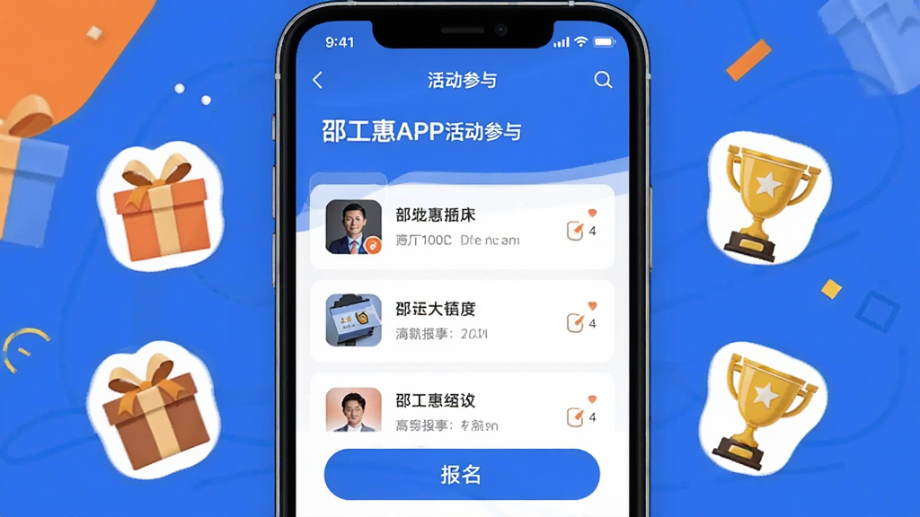 一幅展示邵工惠APP活动参与页面的图片,画面中手机屏幕显示活动列表和报名按钮,周围点缀着礼品盒和奖杯的小图标,整体风格活泼明快,色彩以蓝橙搭配为主,画质清晰,布局整洁