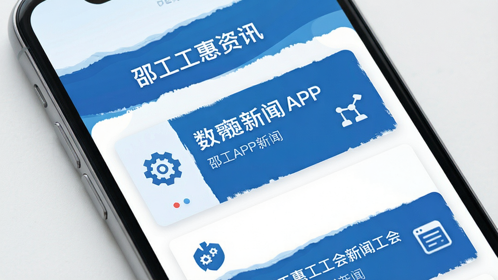 一幅展示邵工惠APP工会资讯页面的场景图,画面主体为手机屏幕特写,屏幕上排列着多条工会新闻卡片,标题文字清晰可见,旁边配有图标装饰,整体色调以蓝白为主,风格商务简洁,画质高清,干净无杂物