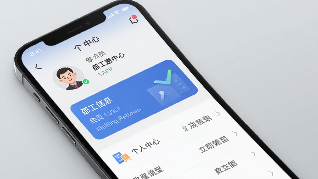 一幅展示邵工惠APP个人中心页面的图片,画面中手机屏幕显示用户头像、会员信息卡片和功能菜单列表,背景为柔和的浅灰色,风格简约商务,画质清晰,无多余装饰元素