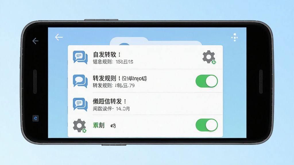 懒人短信转发软件主界面展示,一部安卓手机屏幕中央显示短信自动转发设置面板,包含转发规则列表和开关按钮,背景为简洁的浅蓝色渐变,布局为竖屏手机界面居中展示,风格为扁平化UI设计,细节包括短信气泡图标、齿轮设置图标、绿色运行状态指示灯,画质清晰干净无多余元素