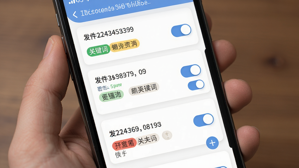 懒人短信转发智能规则过滤功能界面,手机屏幕显示多条转发规则卡片列表,每张卡片上有发件人号码和关键词标签,布局为纵向排列的卡片式设计,风格为现代简约扁平风,细节包括彩色标签、开关按钮、加号添加按钮,画质清晰干净无多余元素