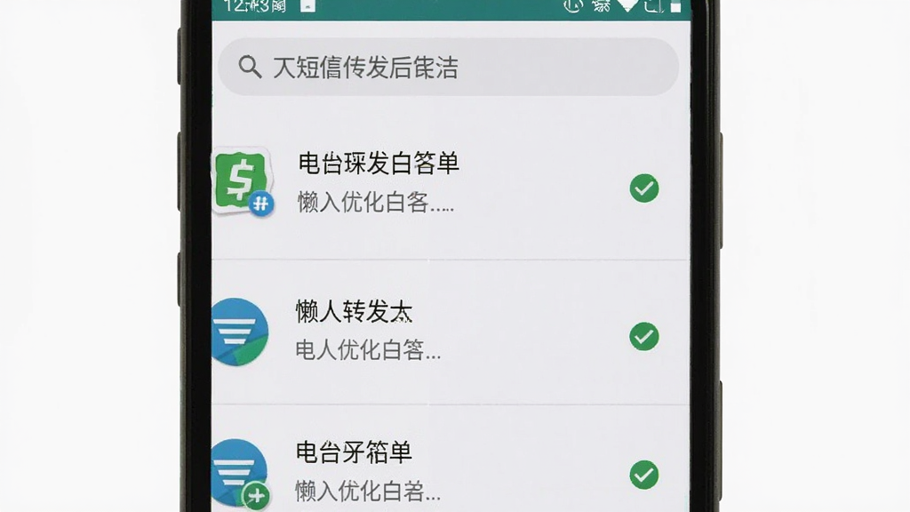 懒人短信转发后台保活设置步骤截图,手机屏幕显示电池优化白名单设置页面,布局为纵向列表形式,风格为安卓原生设置界面风格,细节包括已加入白名单的应用列表、绿色对勾图标、顶部搜索栏,画质清晰干净无多余元素