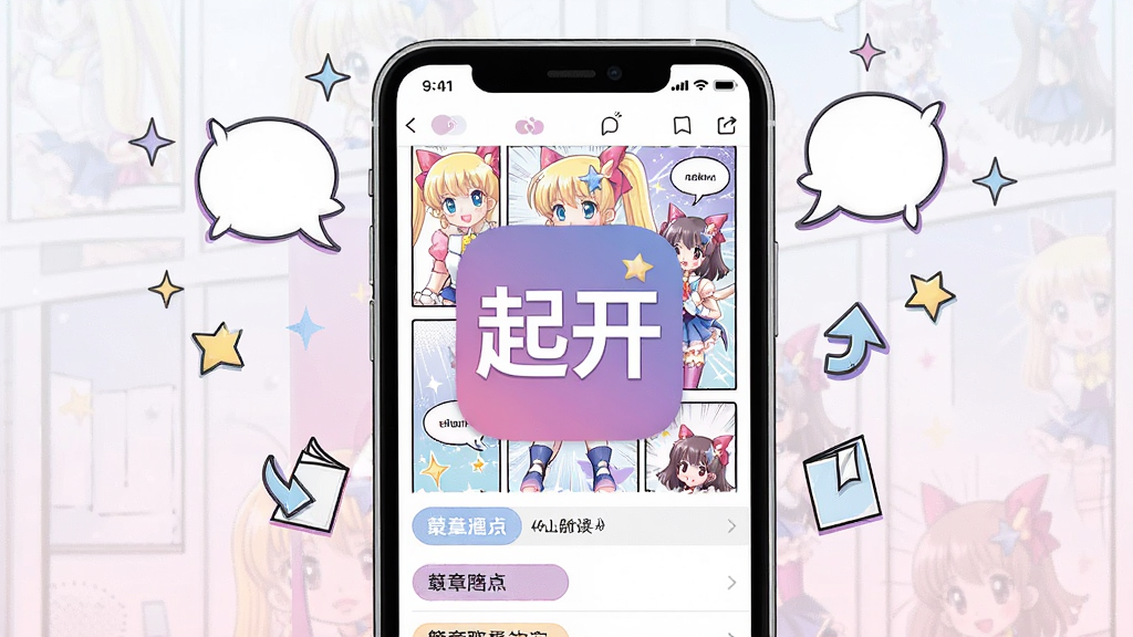 一张手机屏幕展示漫画阅读界面的插画,画面中央是名为
