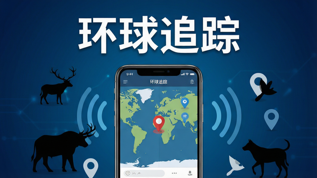 画面中央展示一部智能手机,手机屏幕显示环球追踪软件的地图界面与追踪标记,周围环绕着野生动物剪影、信号波纹、定位图标等元素,背景为深蓝色科技感渐变,整体采用扁平化UI风格,细节清晰,画质干净,无多余元素,图片上方用白色粗体字写着“环球追踪”,布局居中对称,排版简洁大气