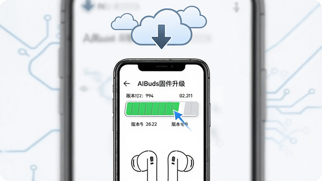 一幅展示AIBuds固件升级功能的插图,画面中央是一部手机,屏幕上显示固件升级进度条和版本号对比信息,进度条为绿色填充。手机上方漂浮着云朵和下载箭头图标,下方是蓝牙耳机的线稿图。布局采用上下垂直结构,风格为简洁的商务科技风,细节上突出进度条的动态感和版本号的清晰度。画质清晰,干净,无多余元素。