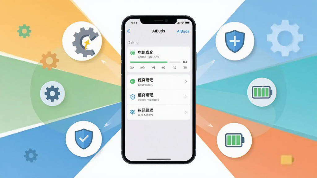 一幅展示AIBuds使用技巧的插图,画面主体是一部手机,屏幕上显示AIBuds的设置页面,有电池优化、缓存清理、权限管理等选项。手机周围漂浮着齿轮、盾牌、电池等图标,代表不同的优化功能。布局采用中心发散结构,风格为清新扁平化风,细节上突出图标的简洁性和页面的层次感。画质清晰,干净,无多余元素。