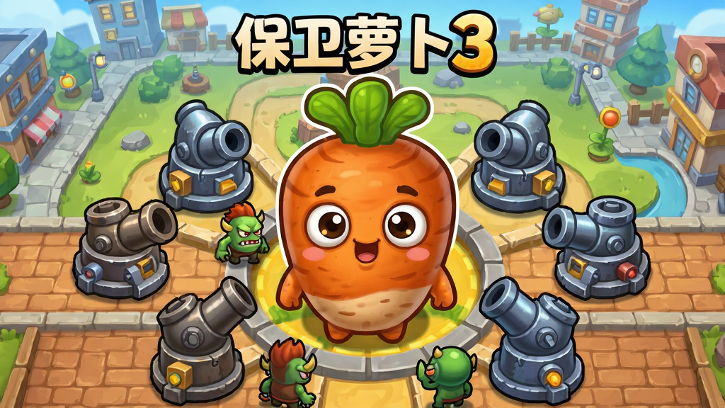 画面中央放置一个巨大的卡通萝卜角色,表情呆萌可爱,周围环绕多种造型各异的炮塔,背景是城市冒险主题的卡通地图场景,布局采用中心辐射式构图,排版清晰有序,风格为Q版卡通游戏宣传图,细节包括炮塔的炮口朝向、怪物小兵的表情、地面砖块纹理,画质高清,画面干净,无多余元素,图片上方写有“保卫萝卜3”字样