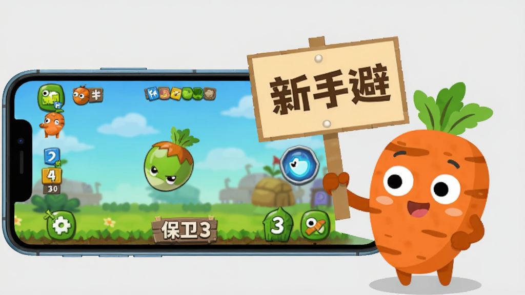 一部智能手机屏幕上显示保卫萝卜3游戏画面,旁边有一个卡通萝卜角色拿着提示牌,提示牌上写有“新手避坑”字样,背景为浅灰色,排版采用左右结构,风格为扁平化插画,细节包括手机边框、游戏界面元素、萝卜的表情,画质高清,画面干净,无多余元素