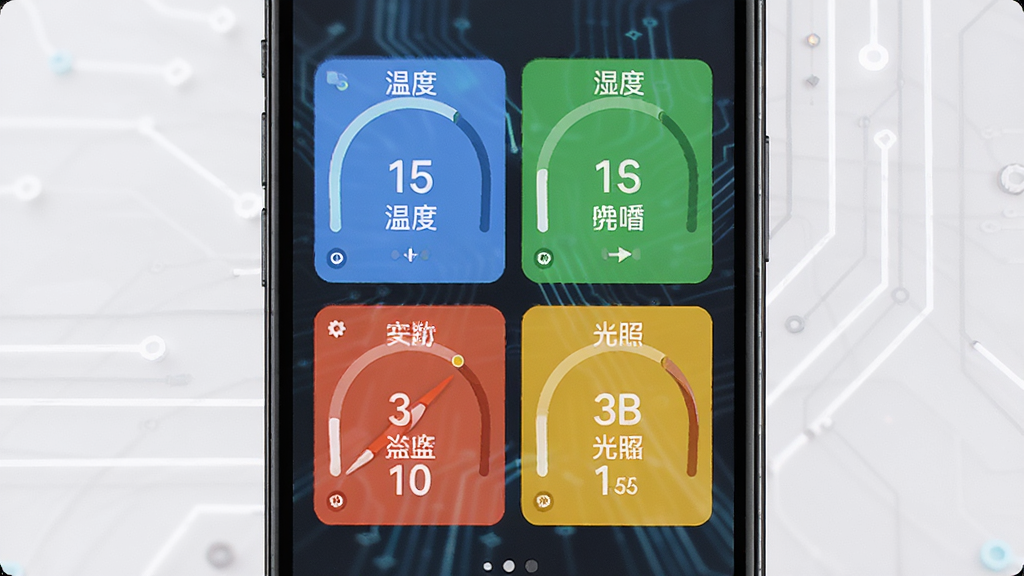 舒适度软件实时监测界面展示图,主体为手机屏幕上的四色仪表盘,分别显示温度湿度噪音光照数据,布局居中对称,风格扁平化科技感,细节清晰,画质高,干净简洁,无多余元素