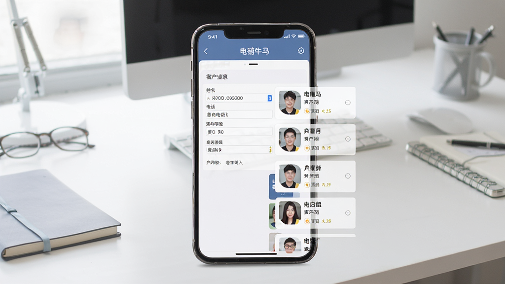 一张展示电销牛马应用客户资料管理界面的图片,画面中央是手机屏幕,屏幕上显示着“电销牛马”的客户信息录入表单和客户列表视图,表单中包含姓名、电话、意向等级等字段,列表以卡片形式展示多位客户,背景是干净的书房桌面,整体风格简洁实用,画质清晰,无多余元素