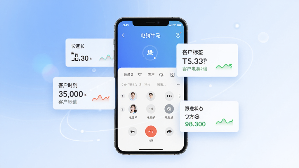 一张展示电销牛马应用智能外呼辅助功能的图片,画面中央是一部智能手机,屏幕上显示着“电销牛马”的拨号界面和通话记录列表,手机旁边环绕着几个悬浮的信息卡片,分别标注着通话时长、客户标签和跟进状态,背景是柔和的蓝白渐变色调,整体风格科技感强且整洁,画质清晰,无多余元素