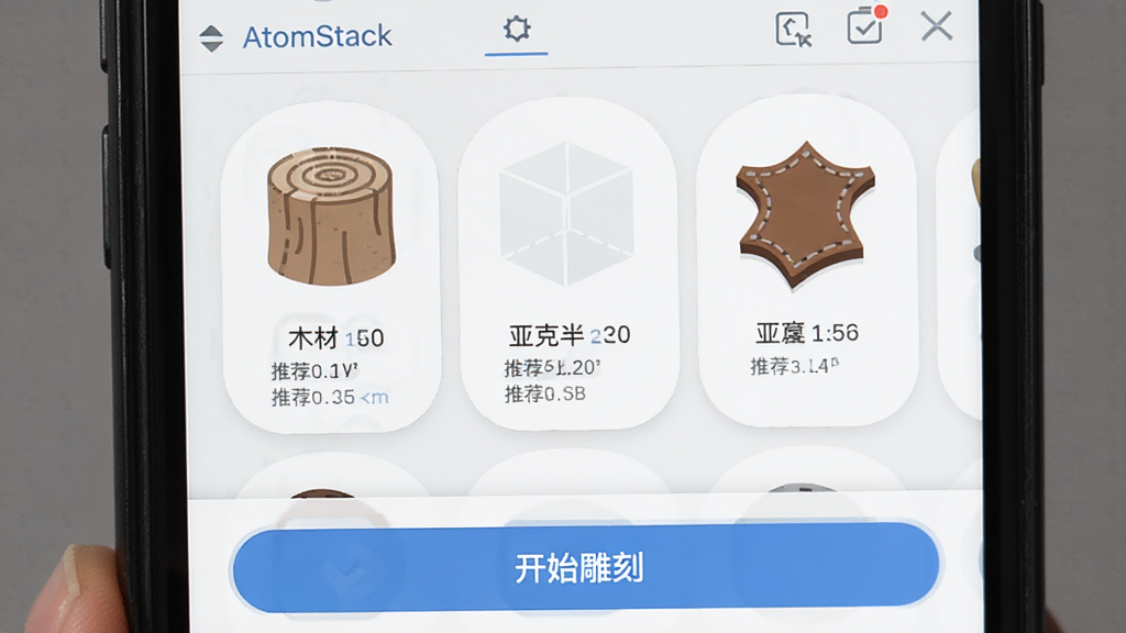 主体是AtomStack软件界面展示材料选择菜单,屏幕上有木材、亚克力、皮革等图标选项;布局为手机屏幕特写居中;排版为UI界面展示;风格为扁平化设计风格;细节包括每个材料图标旁标注推荐功率数值、界面底部有“开始雕刻”按钮;画质为高清、界面干净、无多余元素
