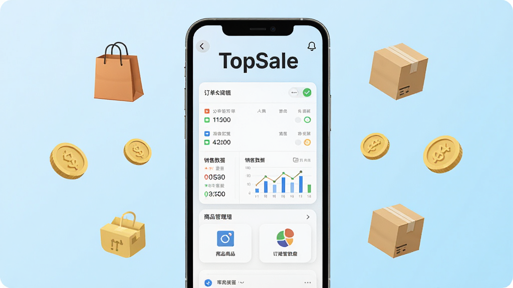 一部智能手机屏幕中央显示一个简洁的电商卖家管理应用界面,应用名称